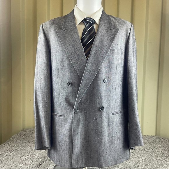 VTG Diffusione Uomo Blazer Mens 48S Gray Double Breasted Linen Blend Italy 70s